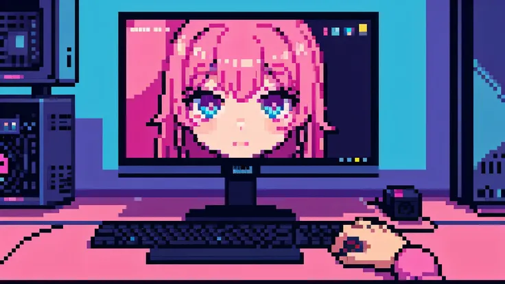 Computer, Close-up monitor, pink neon tones