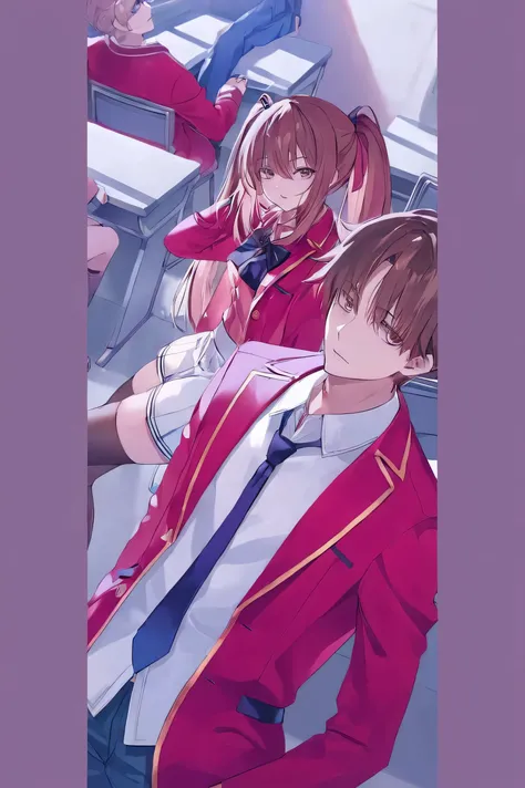 Alone, short hair, bangs, high resolution, brown hair, Hair Between Eyes, animal ears, mouth shut, masterpiece, the best quality, Detail, Model HD, High Quality, slurp, Serious,  perspective, Kiyotaka Ayanokouji, boy ,girl,Cabello largo, Pechos, Rubor, Ado...
