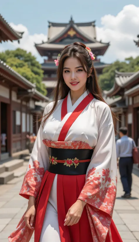 ((**Prompt:** during ancient japan tokugawa time, Create a hyper-realistic wide scenery image of a prehistoric japanese geisha female walking confidently at the forefront, her full body view showcasing her elegantly busty silhouette, tracking shot. Intrica...