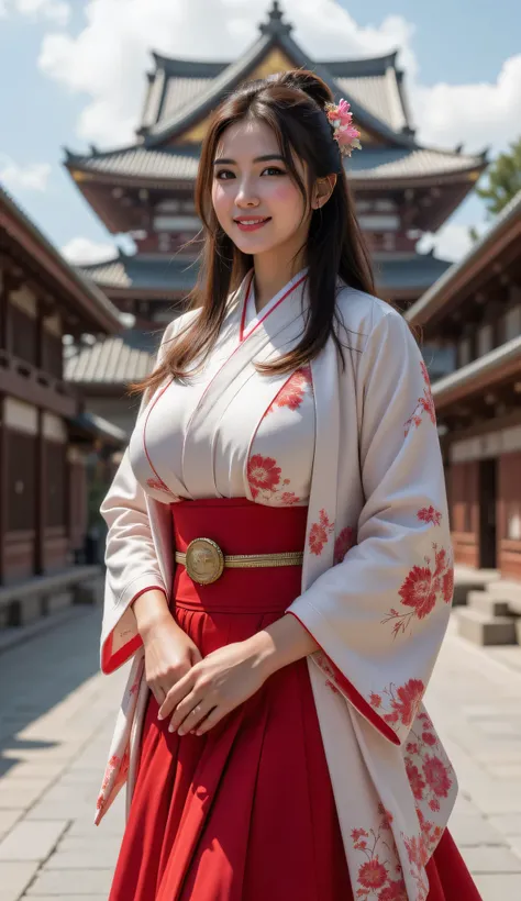 ((**Prompt:** during ancient japan tokugawa time, Create a hyper-realistic wide scenery image of a prehistoric japanese geisha female walking confidently at the forefront, her full body view showcasing her elegantly busty silhouette, tracking shot. Intrica...