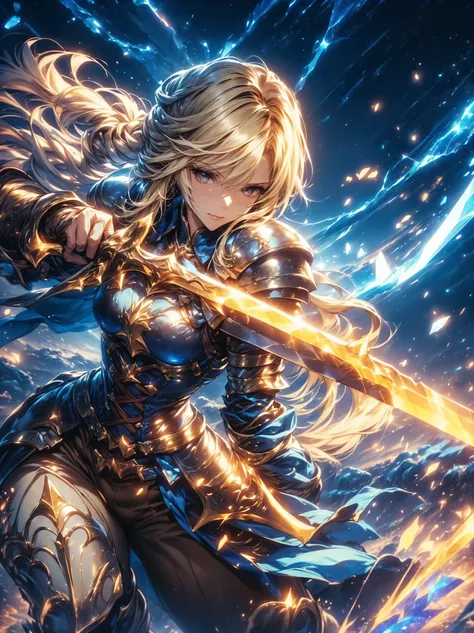 (Agrias Oaks\(Final Fantasy Tactics\) , score_9 , score_8_Excellent , score_7_Excellent , 32K , detailed description 、 A Girl Holding a Sword Destroys , Luxurious Sword , blond hair , braided ponytail , brown eyes , shoulder armor , armor , corset , (brow...