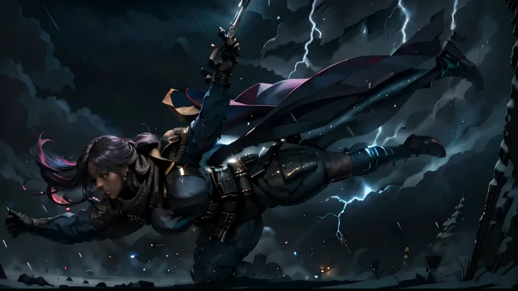 best quality,ultra-detailed,portrait, Teyonah Parris mixed with Joaquina Kalukango holding long rifle, (dark caramel skin), falling, air scene, big woman, 300lbs, strong thighs, long flowing hair, very dark skin, dark tactical uniform, ballistic vest, beau...