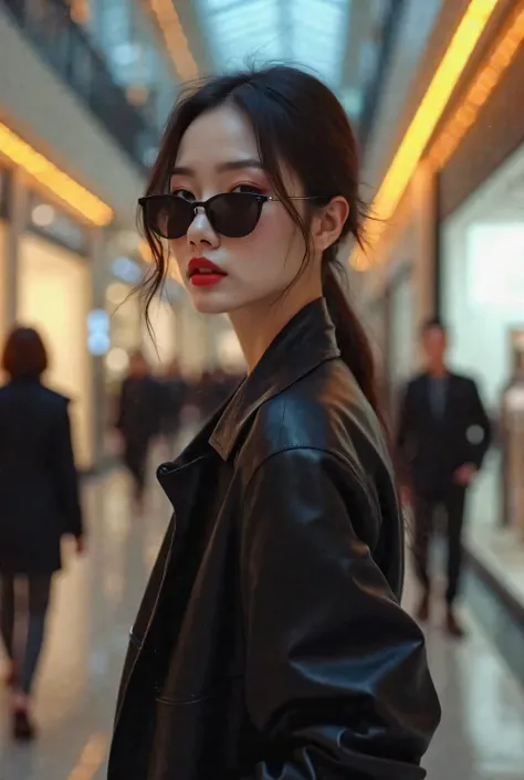 Beautiful Korean Girl, Wearing Black Jacket, In Mall, Wearing Sunglasses 