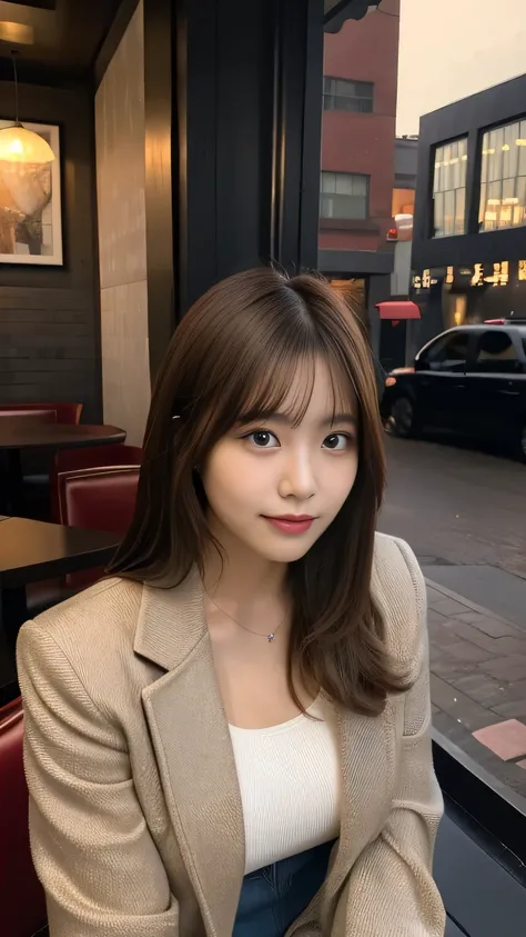 28-year-old Korean woman, is at the restaurant and wearing a dress. She must seem very confident.,  with a luxurious restaurant and evening in the background, to enjoy, Garota peituda,  tied brown hair, Of a pony shirt and a denim jacket and pants,  photor...