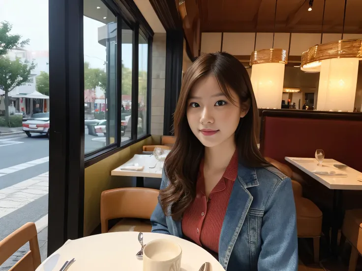 28-year-old Korean woman, is at the restaurant and wearing a dress. She must seem very confident.,  with a luxurious restaurant and evening in the background, to enjoy, Garota peituda,  tied brown hair, Of a pony shirt and a denim jacket and pants,  photor...