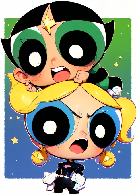 a cartoon picture of two girls with big eyes and a star on their head, powerpuff girls style, pop, titans, cartoon network style, by Jason Teraoka, ❤🔥🍄🌪, godesses, bubbles ”, comicbook, danny phantom, star butterfly, cartoonish cute, high quality fanart, ...