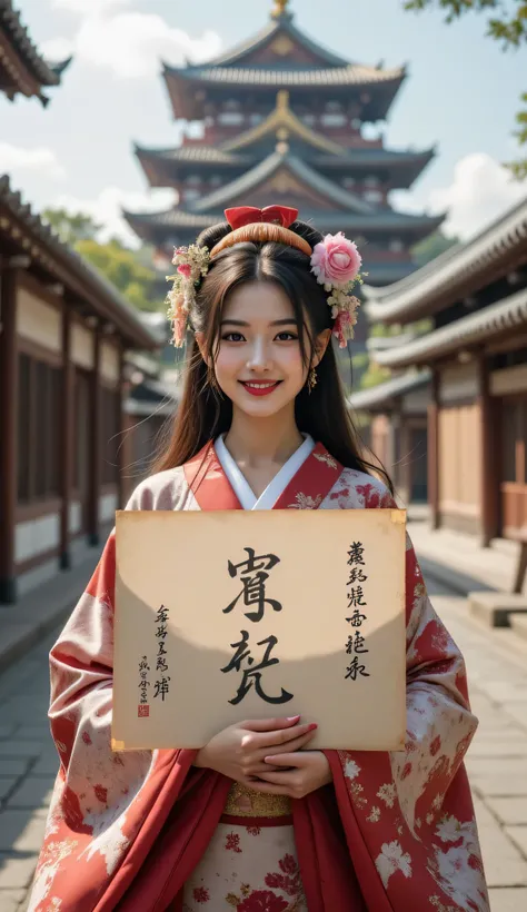 ((**Prompt:** during ancient japan tokugawa time, Create a hyper-realistic wide scenery image of a prehistoric japanese geisha female sitting confidently at the forefront, her full body view showcasing her elegantly busty silhouette. She holds writing down...