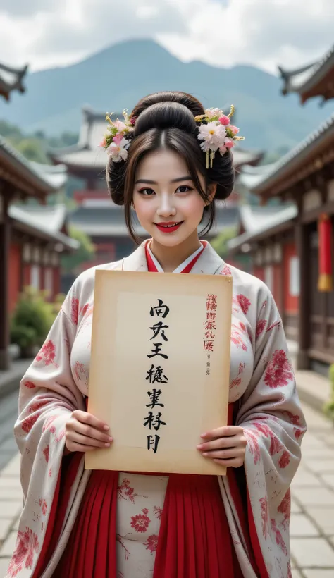((**Prompt:** during ancient japan tokugawa time, Create a hyper-realistic wide scenery image of a prehistoric japanese geisha female sitting confidently at the forefront, her full body view showcasing her elegantly busty silhouette. She holds writing down...