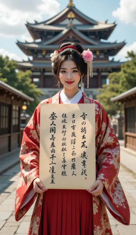 ((**Prompt:** during ancient japan tokugawa time, Create a hyper-realistic wide scenery image of a prehistoric japanese geisha female sitting confidently at the forefront, her full body view showcasing her elegantly busty silhouette. She holds writing down...