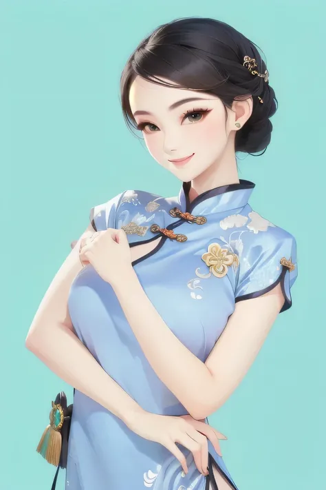 Close-up shot of a woman in a green Chinese chess dress, Smiling expression，Shiny big black eyes，high definition，Fine， Inspired by Gao Qipei , An elegant,  Inspired by Gao Xiang ,  game style 