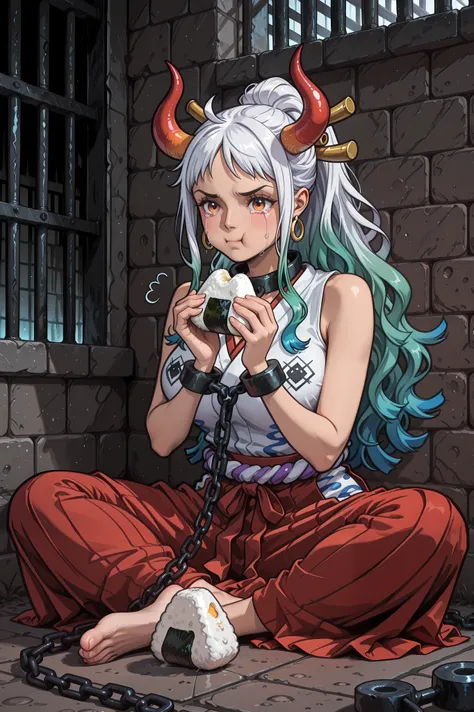 masterpiece, best quality, amazing quality, hyper-detailed, newest, very aesthetic, 1girl, yamato \(one piece\), crying, teardrop, chewing, :t, long skirt, holding food, onigiri, chained wrists, butterfly sitting, barefoot, on ground, prison, highres, absu...