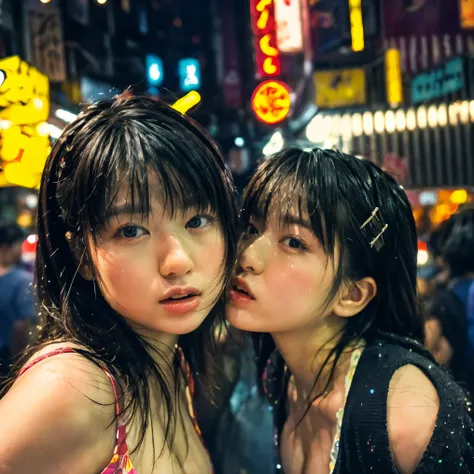 Ultra close-up,  "On the lively streets of Tokyo、super realistic close-up showing twins, They are wearing hip-hop style fashion. one lightly kisses the other's temple、standing snuggled up on a lively Tokyo street,  Surrounded by Neon Lights ."