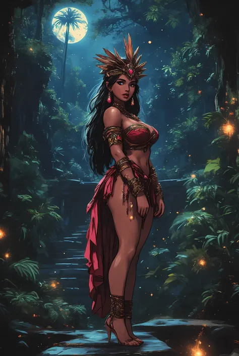 ruby heart buttplug, thin waist, gorgeous, beautiful, mayan princess, long hair, big tits, tribal skirt, headdress, stone slab, jungle temple at night, ass-focus, high saturation, analog photo, film grain.