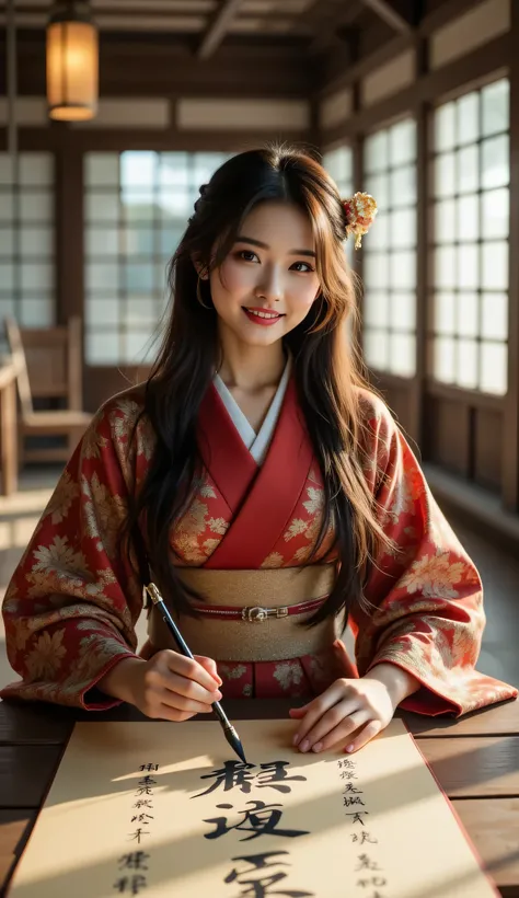 ((**Prompt:** during ancient japan tokugawa time, Create a hyper-realistic wide scenery image of a prehistoric japanese geisha female sitting confidently at the forefront, her fully well rounded body curvy view showcasing her elegantly silhouette. She hold...