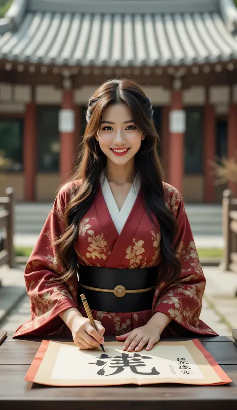 ((**Prompt:** during ancient japan tokugawa time, Create a hyper-realistic wide scenery image of a prehistoric japanese geisha female sitting confidently at the forefront, her fully well rounded body curvy view showcasing her elegantly silhouette. She hold...