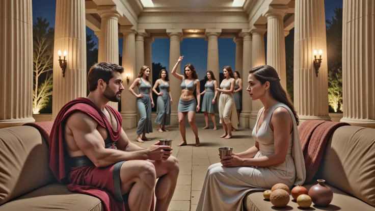 A realistic night scene in the hall of an ancient Greek palace, lit with torches. In the center, Hercules is sitting on a couch talking to Queen Hippolyta. Both are holding silver cups. The image is high definition and ultra-realistic, like a scene from a ...