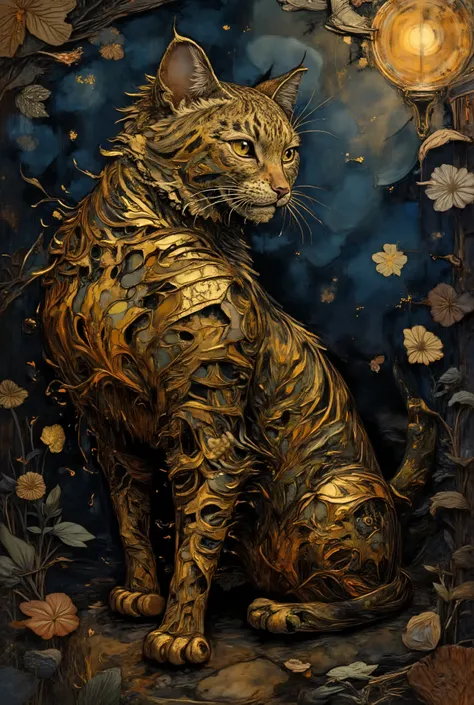 Create an illustration of a cat in the oil painting style, where you can see the brushstrokes fading on a dark background. The cat must be sitting majestically and surrounded by an enchanting atmosphere. On the cat's coat, there must be golden filigrees th...