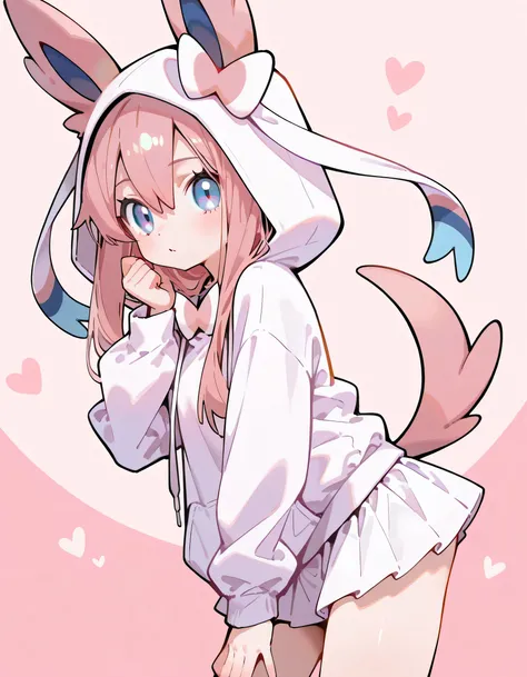 複数の表情,(sideview+),(dynamic cute pose:1.3),alone, 1girl ,18years old,pastel pink long straight hair,hairs between eyes,natural cosmetic,cute face,(pink sylveon(Pokemon), hoodie,mini skirt),hood up,pastel pink sporrts shose,soft lineart, (pastel pink col...