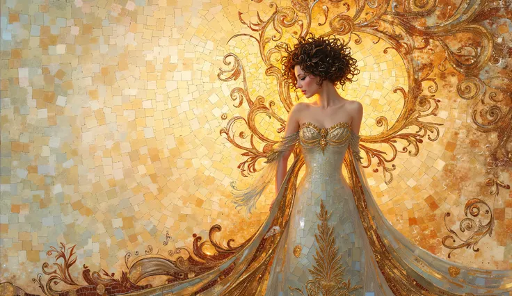 Fairy in a calm, neutral setting, intricate golden mosaic in the style of Gustav Klimt, abstract golden swirls and forms, ethereal lighting, soft pastel tones mixed with rich gold, tranquil and serene mood, delicate, finely detailed digital ar