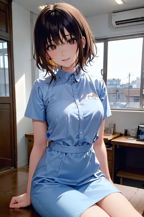anneqasaka no、shiny brown hair, short hair, ( beautiful brown eyes、Sparkling Eyes, fine grain)、smile、super detailed eyes、very detailed顔, very elaborate eyes,cowboy shooting、
there is only 1 woman, sitting, (Looking at the audience), ([doctor' comme...