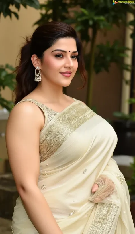 ((full body, curvy figure)), ((Indian milf, indian woman, chubby)), (((ultra realistic))) Photo, masterpiece, top quality, (pale skin), (Ultra detailed face and eyes:1.2), 1 girl, Adult, ((in one size too small saree)), strapless saree blouse, ((very heavy...