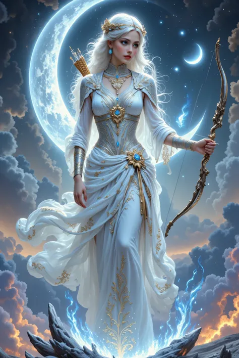A breathtaking and ethereal depiction of Artemis, the Greek goddess of the hunt, moon, and wilderness, standing gracefully beneath a starry night sky with bow and arrow, illuminated by the soft glow of a crescent moon. She has radiant, flawless skin and lo...