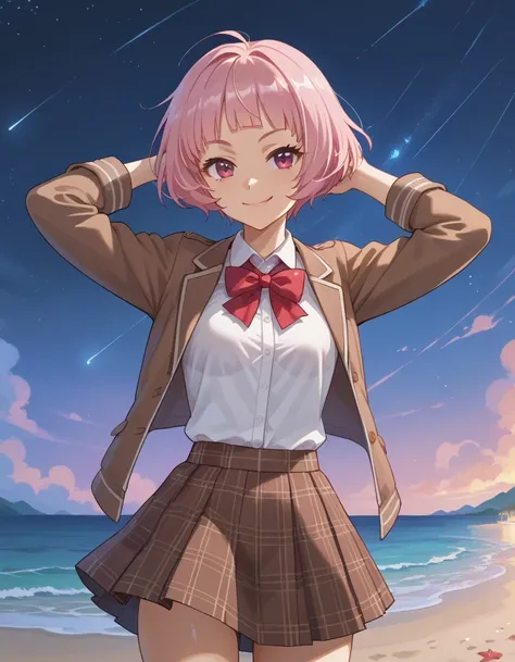YukiReal, pink hair, short hair, plaid skirt, brown skirt, white shirt, school uniform, brown jacket, red bow,, game screencap, anime coloring, shiny skin, high quality, solo, night sky, beach, hands behind head, ((contrapposto)), closed mouth, cowboy shot...