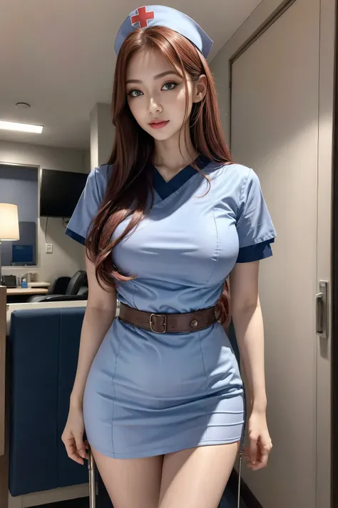 (2 Ultimate Beauty Nurse)、((Realistic Lighting, Best Quality, 8k,  masterpiece:1.3)), Lock focus:1.2, beautiful woman with perfect body:1.4, :  beautiful Korean girl ,  K-pop idol ，Leg length，big blue eyes，（Smile：0.8）， Complex and detailed face, ((Super de...