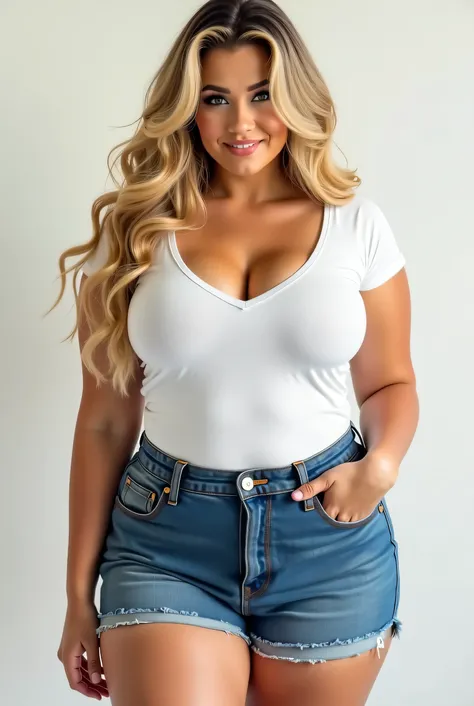  The most beautiful woman in the world,  22 year old,  long, soft hair, Volumous blunder, Blonde girl, curly, green eyes, fleshy mouth, curvilinear body,  voluptuous , small breasts, Seductive brunette , wearing a white t-shirt and a short denim skirt,  ro...