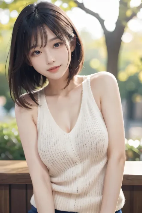  realistic, a beautiful Japanese woman, enchanting smile, tight sleeveless knitted sweater adult vibe, sensual, Breast-Highlighting Poses,  4K, realistic, top quality, excellent detail, professional, Bokeh,  high resolution, beautiful skin,  Slender expres...