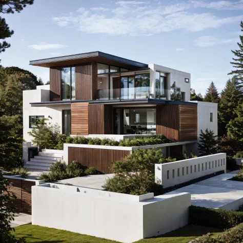 Modern style, house building, interior furniture, exterior house, contemporary style, ( nature stone ) wall, granite floor, top roof, glass window, (realistic:1.2), Masterpiece, high quality, best quality, finish color paint , garden trees, terrace space ,...