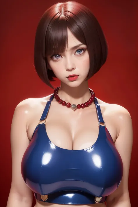 Female((30year old)), hair((bob cut, red)), eyes((big eyes, blue)), clothes((latex, crop-top)), accessories ((Mali Garnet necklace)), gigantic breast, big breast, red lips, blank background, 