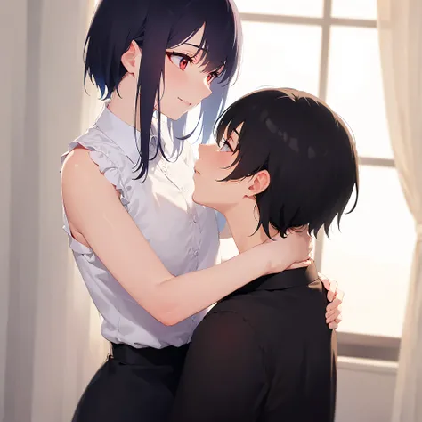 (Looking away: 1.5),
A couple is embracing each other, the man has blue eyes and black hair, BREAK(is wearing a White T-shirt)BREAK, the woman has red eyes and black bob hair, BREAK(is wearing a White sleeveless collared frilly blouse dress), and is smilin...