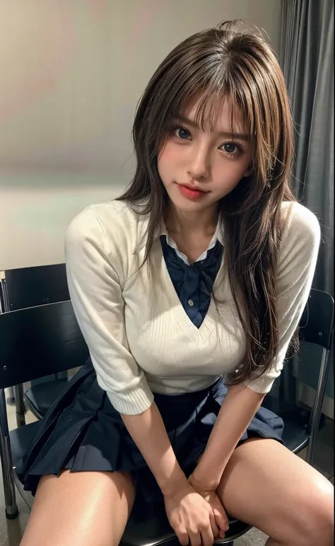 masterpiece, female high school student、（ school uniform:1.5）、（I Can See My Panties:1.5）、 My big breasts are sticking out 、I can see the dirty part、navy high socks、  Panchira,Put on your shoes、sit on a chair and open your legs、（Bright School Classroom:1.5）...