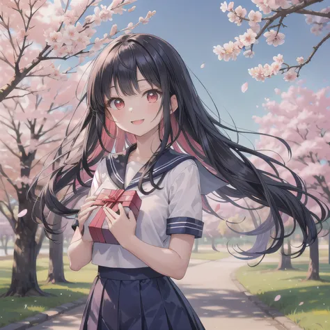 A breathtakingly beautiful 20-year-old woman stands in a lush park filled with cherry blossoms in full bloom beneath a clear blue sky. She wears a classic sailor uniform and gently holds a small, neatly wrapped gift box adorned with a red ribbon. Her radia...
