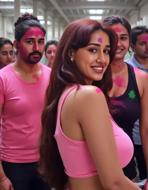 holi scene, a full view of an indian lady, semi-curvy, wearing tight mini skirt,in factory,all male labors are giving color on her, holi,4k, high quality, highly detailed, realistic, photorealistic, vivid colors, intricate details, beautiful lighting, dyna...