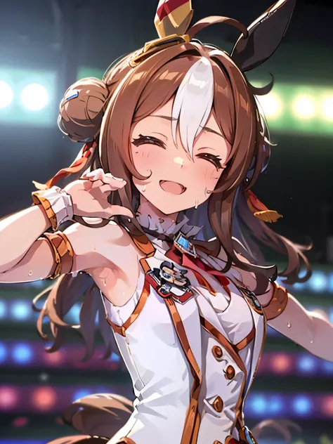 show me your armpits,sleeveless,wet skin, Kopanolicky\(Uma Musume\), 1 girl, Alone, cute girl,best quality, super detailed, 8k, high resolution, detailed face, upper body, smile, opened my mouth, closed eyes, sings on stage, New Stars Rose, keyboard le...