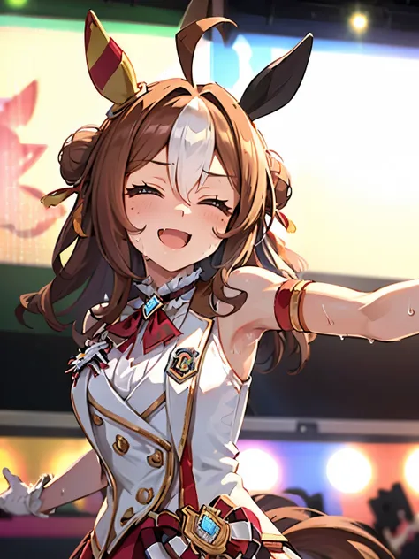 show me your armpits,sleeveless,wet skin, Kopanolicky\(Uma Musume\), 1 girl, Alone, cute girl,best quality, super detailed, 8k, high resolution, detailed face, upper body, smile, opened my mouth, closed eyes, sings on stage, New Stars Rose, keyboard le...