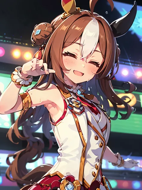 show me your armpits,sleeveless,wet skin, Kopanolicky\(Uma Musume\), 1 girl, Alone, cute girl,best quality, super detailed, 8k, high resolution, detailed face, upper body, smile, opened my mouth, closed eyes, sings on stage, New Stars Rose, keyboard le...