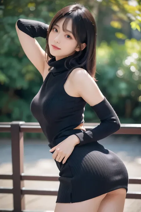  realistic, a beautiful Japanese woman, seductive smile,  black tight turtleneck sleeveless knitted sweater,  tight skirt,  adult vibe,  (booty pose:1.3),  4K, realistic, top quality, excellent detail, professional, bokeh,  high resolution, slender,  from ...