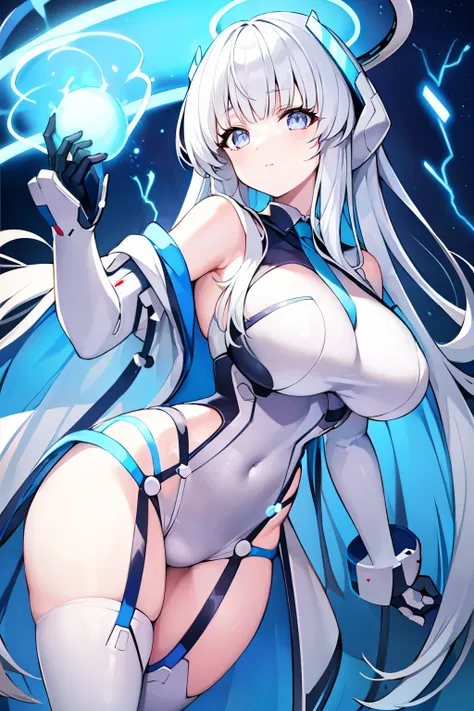 1 Robot girl , With long white hair, blue eyes, with big breasts, uses plasma arousy, and the magic of blue-colored lightning