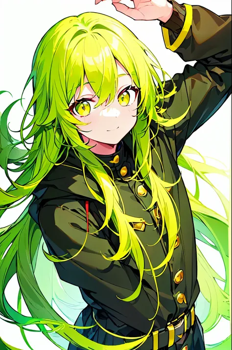 [(WHITE BACKGROUND:1.5),::5], ((((masterpiece)))), high quality, ultra_very_high_resolution, large_filesize, full color, (((solo))), ((little younger boy)), ((yellow-Green color long hair)), yellow-green eyes, light smile, anime, (upper body), neon light, ...