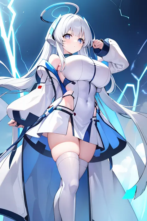 1 Robot girl , With long white hair, blue eyes, with big breasts, uses plasma arousy, and the magic of blue-colored lightning