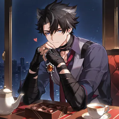 1boy, wriothesley (genshin impact), sitting, table, no background, chocolate box, heart shaped chocolates, cowboy shot, upper body, male focus, looking at viewer, closed mouth, light smile, cup of tea, tea, tea on table, night, dark office, score_9 , score...