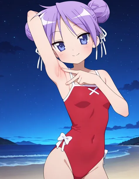 lskagami, red one-piece swimsuit, white hair ribbon, swimsuit, double hair bun, casual one-piece swimsuit, anime screencap, high quality, solo, upper body, (contrapposto), v, spread armpit, presenting armpit, hand behind head, closed mouth, smile, night sk...