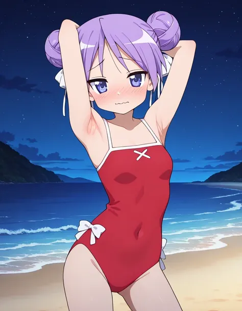 lskagami, red one-piece swimsuit, white hair ribbon, swimsuit, double hair bun, casual one-piece swimsuit, anime screencap, high quality, solo, upper body, (contrapposto), v, spread armpit, presenting armpit, hand behind head, closed mouth, bushing, wavy m...