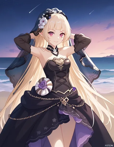 YukiCeremonial, blond hair, long hair, bare shoulders, black dress, bridal veil, black veil, hair flower, strapless dress, game screencap, shiny skin, high quality, solo, night sky, beach, ((hands behind head)), ((contrapposto)), closed mouth, cowboy shot,...