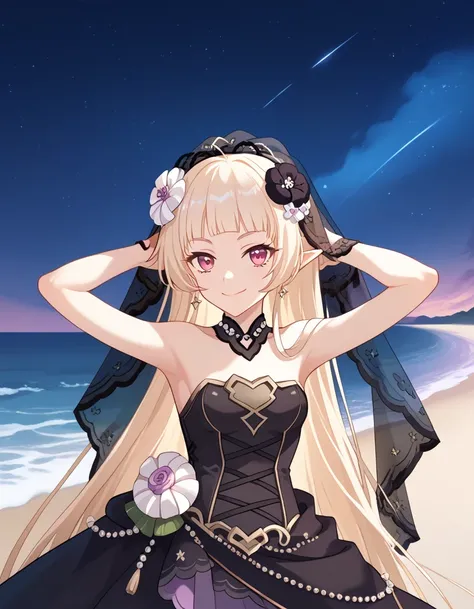 YukiCeremonial, blond hair, long hair, bare shoulders, black dress, bridal veil, black veil, hair flower, strapless dress, game screencap, shiny skin, high quality, solo, night sky, beach, ((hands behind head)), ((contrapposto)), closed mouth, cowboy shot,...