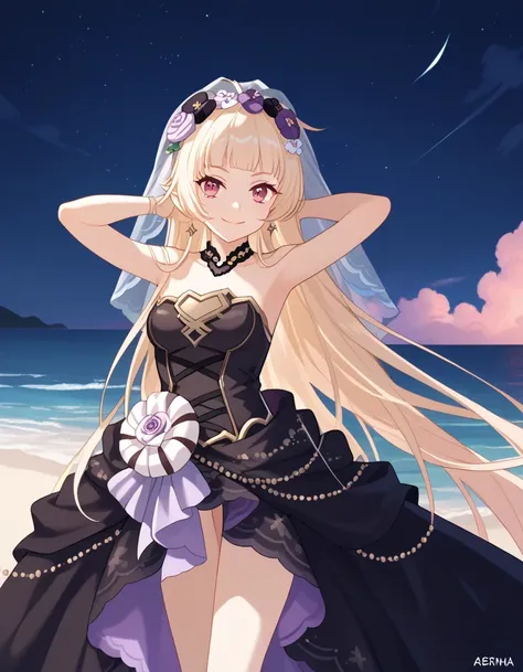 YukiCeremonial, blond hair, long hair, bare shoulders, black dress, bridal veil, black veil, hair flower, strapless dress, game screencap, shiny skin, high quality, solo, night sky, beach, ((hands behind head)), ((contrapposto)), closed mouth, cowboy shot,...