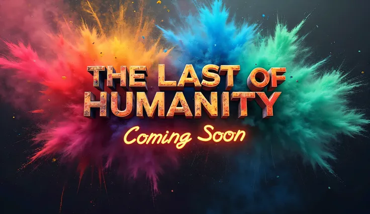 A cinematic banner with a subtly visible behind a vibrant explosion of Holi colors. The title "The Last of Humanity" is boldly displayed in a distressed, futuristic font, with "Coming Soon" written below it in a glowing style. The colors—red, blue, yellow,...